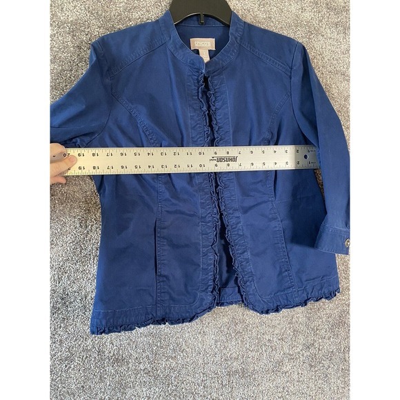 Chicos Jacket Womens Size 1 (Medium) Blue Blazer Ruffle Open Front Preppy - Picture 11 of 13